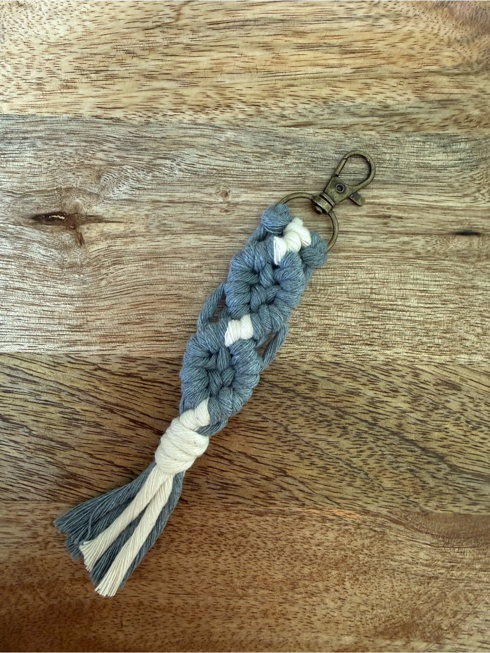 Macrame Keychain Handmade Boho, Bag Charm, Cloudy Blue and White